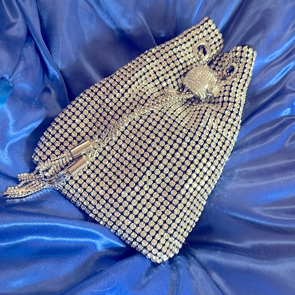 Silver Crystal Mesh Drawstring Wristlet